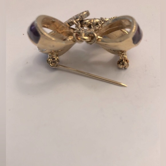 Monet Bow Brooch Pin Heart Dangle Red Enameled Gold Tone - Picture 2 of 3